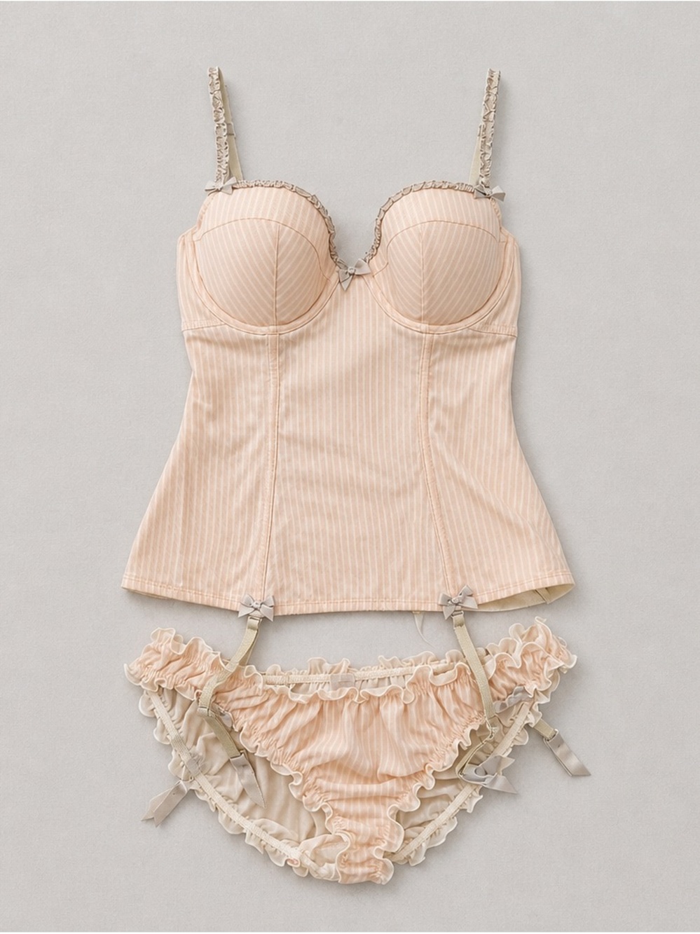 La Senza pink and white Pinstripe Bustier & Ruffle Brief Set - 32 D/34 C/36 B